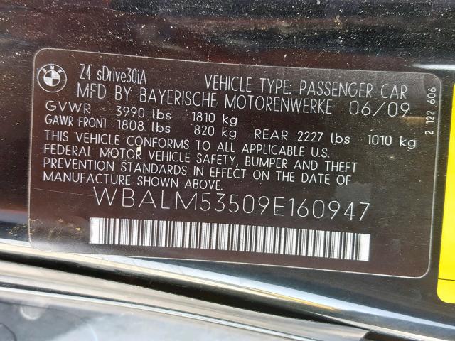 WBALM53509E160947 - 2009 BMW Z4 SDRIVE3 Чорний фото 10