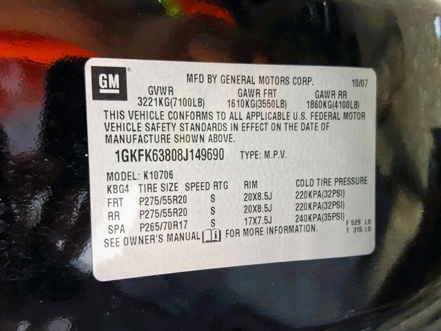 1GKFK63808J149690 - 2008 GMC YUKON DENA BLACK photo 10