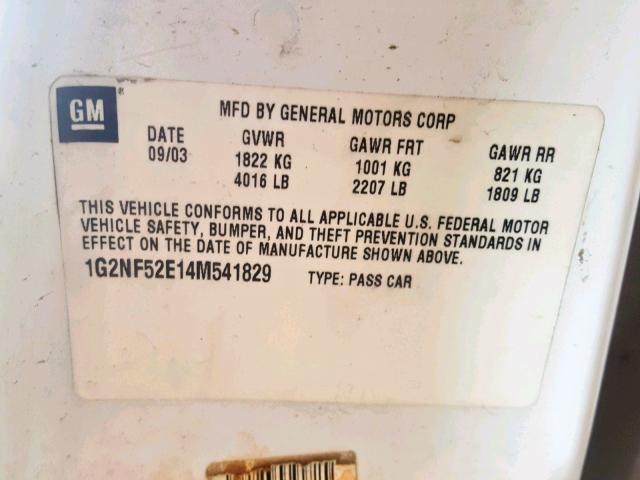 1G2NF52E14M541829 - 2004 PONTIAC GRAND AM S WHITE photo 10