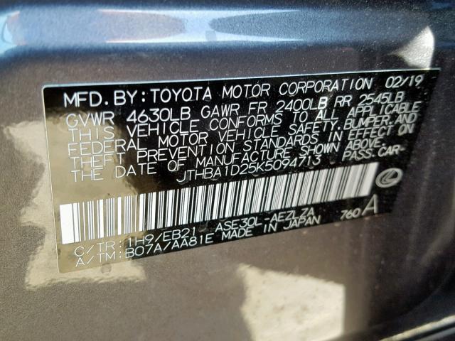 JTHBA1D25K5094713 - 2019 LEXUS IS 300 GRAY photo 10