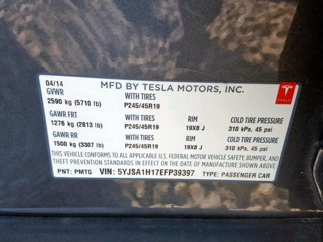 5YJSA1H17EFP39397 - 2014 TESLA MODEL S GRAY photo 10