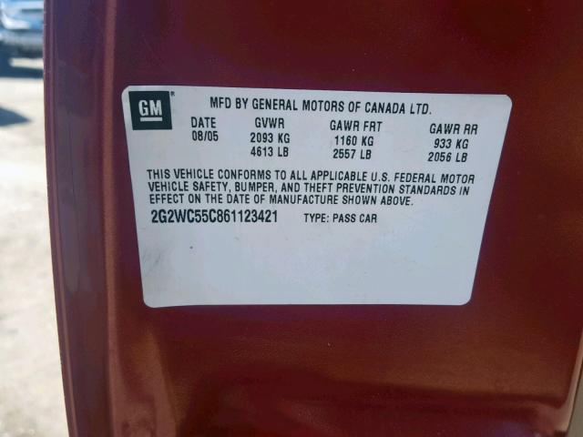 2G2WC55C861123421 - 2006 PONTIAC GRAND PRIX BURGUNDY photo 10