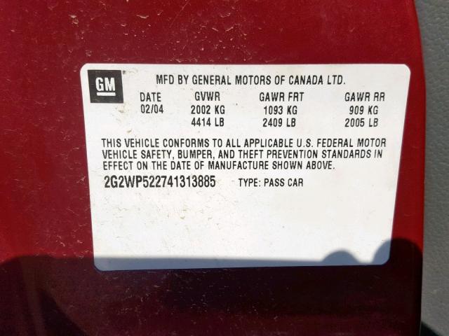 2G2WP522741313885 - 2004 PONTIAC GRAND PRIX MAROON photo 10