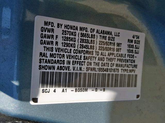 5FNRL18554B101675 - 2004 HONDA ODYSSEY LX BLUE photo 10