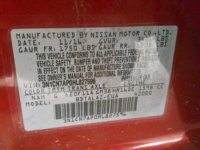 3N1CN7AP0HL827596 - 2017 NISSAN VERSA S RED photo 10