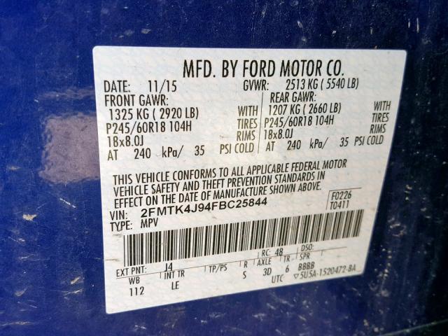 2FMTK4J94FBC25844 - 2015 FORD EDGE SEL BLUE photo 10