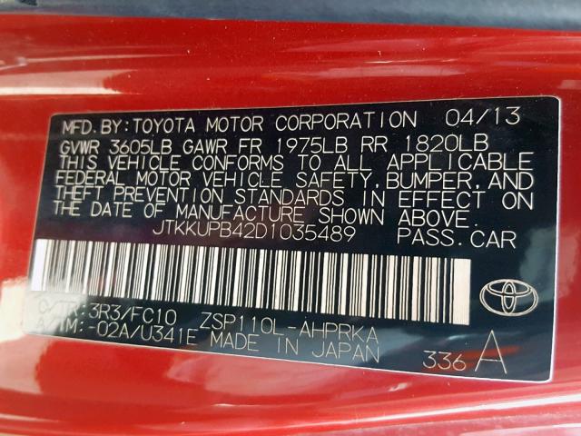 JTKKUPB42D1035489 - 2013 TOYOTA SCION XD RED photo 10