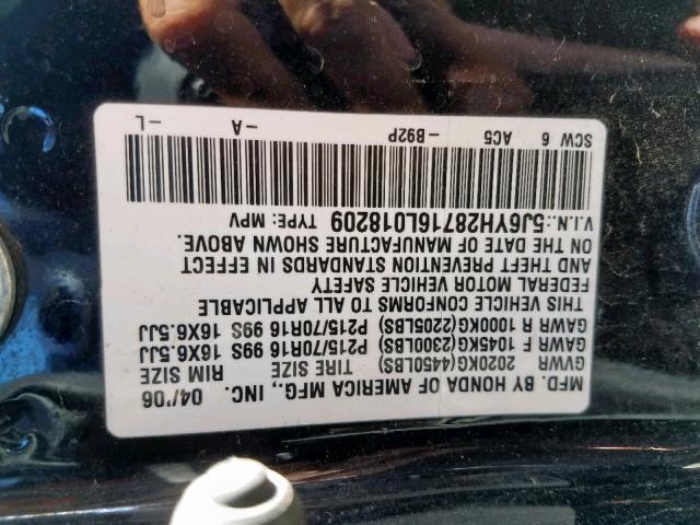 5J6YH28716L018209 - 2006 HONDA ELEMENT EX BLACK photo 10