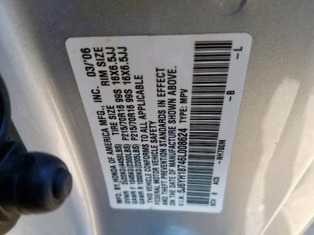 5J6YH18746L008624 - 2006 HONDA ELEMENT EX GRAY photo 10