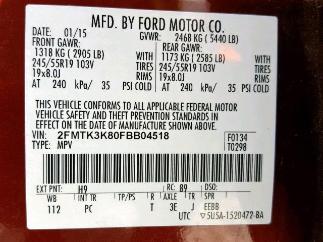 2FMTK3K80FBB04518 - 2015 FORD EDGE TITAN MAROON photo 10