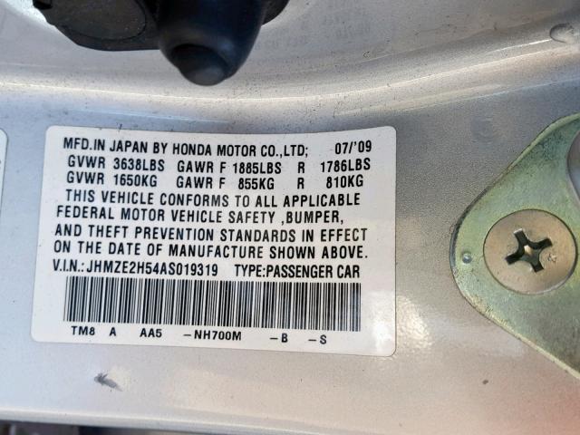 JHMZE2H54AS019319 - 2010 HONDA INSIGHT LX SILVER photo 10