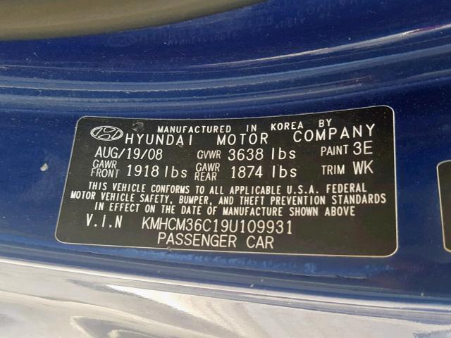 KMHCM36C19U109931 - 2009 HYUNDAI ACCENT GS BLUE photo 10