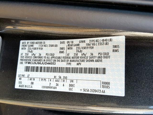 1FMCU9J96JUD44053 - 2018 FORD ESCAPE TIT GRAY photo 10