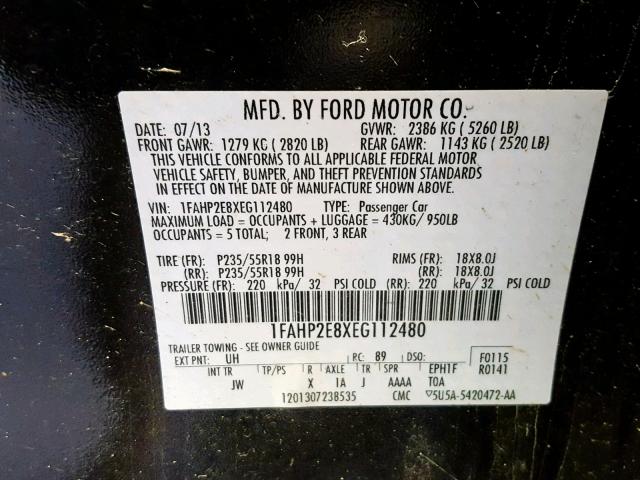 1FAHP2E8XEG112480 - 2014 FORD TAURUS SEL BLACK photo 10