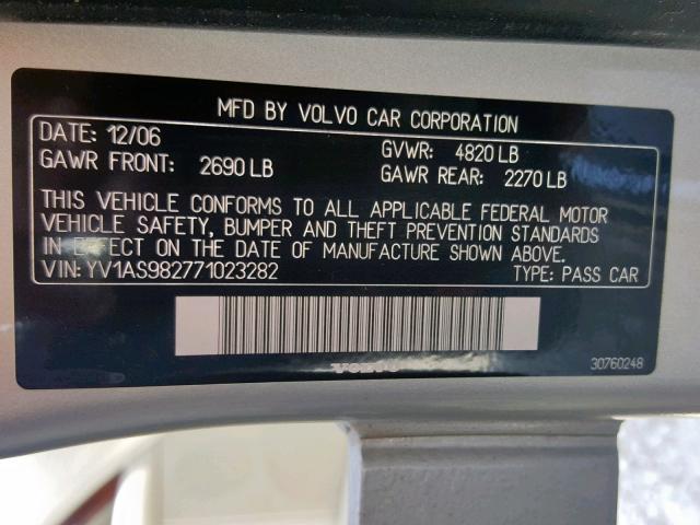 YV1AS982771023282 - 2007 VOLVO S80 3.2 SILVER photo 10