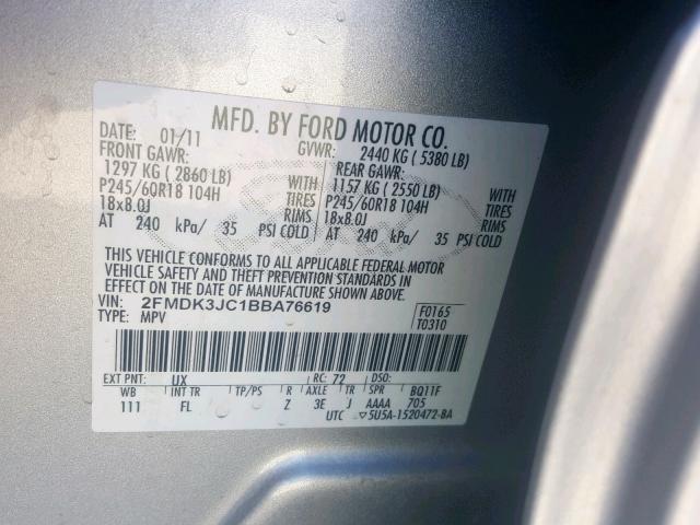 2FMDK3JC1BBA76619 - 2011 FORD EDGE SEL SILVER photo 10