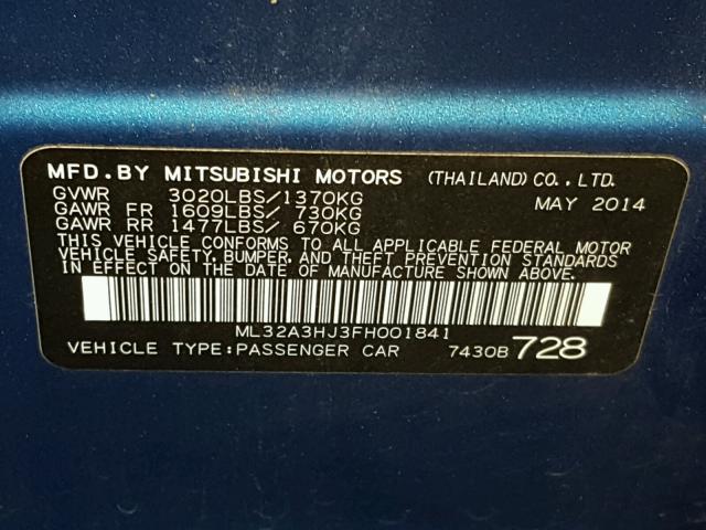 ML32A3HJ3FH001841 - 2015 MITSUBISHI MIRAGE DE BLUE photo 10