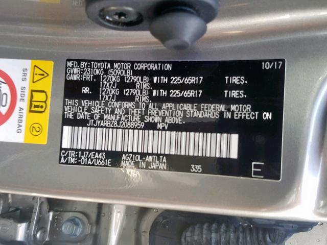 JTJYARBZ8J2088959 - 2018 LEXUS NX 300 BAS 灰色 照片 10