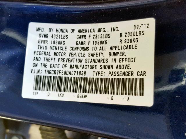 1HGCR2F88DA021059 - 2013 HONDA ACCORD EXL BLUE photo 10