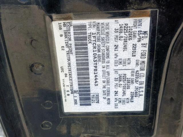 1FTCR10A3TPB14443 - 1996 FORD RANGER BLACK photo 10