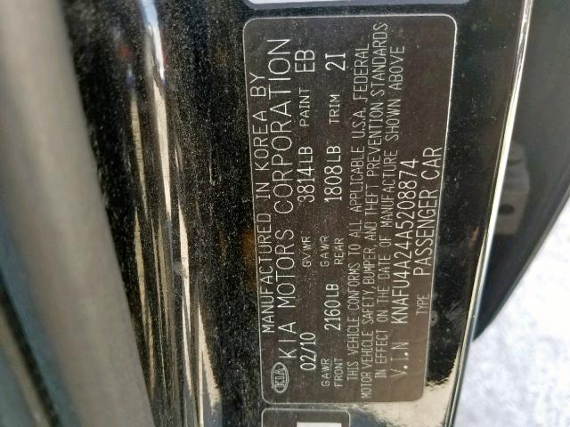 KNAFU4A24A5208874 - 2010 KIA FORTE EX BLACK photo 10