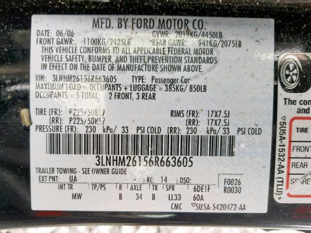 3LNHM26156R663605 - 2006 LINCOLN ZEPHYR BLACK photo 10