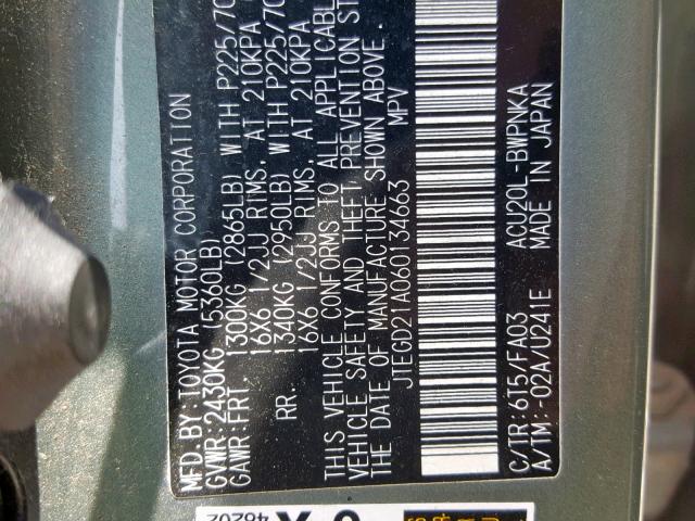 JTEGD21A060134663 - 2006 TOYOTA HIGHLANDER GREEN photo 10