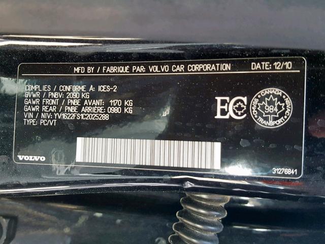 YV1622FS1C2025288 - 2012 VOLVO S60 T5 BLACK photo 10