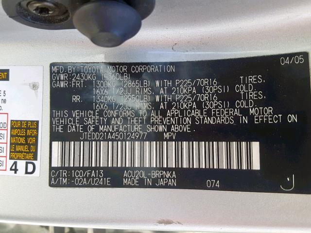 JTEDD21A450124977 - 2005 TOYOTA HIGHLANDER SILVER photo 10