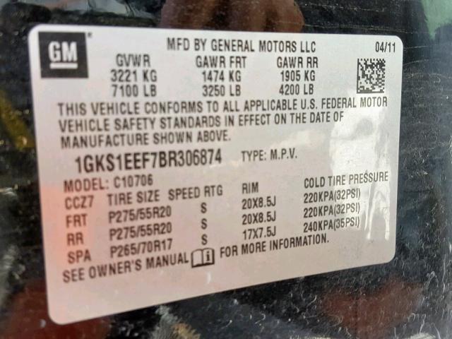 1GKS1EEF7BR306874 - 2011 GMC YUKON DENA BLACK photo 10