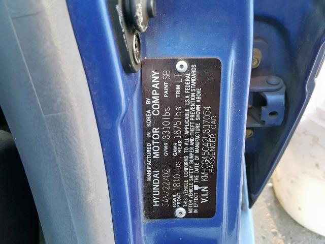 KMHCG45C42U337054 - 2002 HYUNDAI ACCENT GL BLUE photo 10