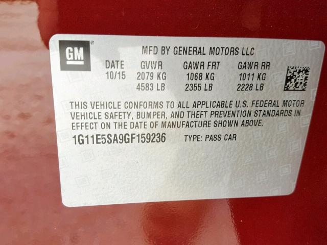 1G11E5SA9GF159236 - 2016 CHEVROLET MALIBU LIM 栗色 照片 10