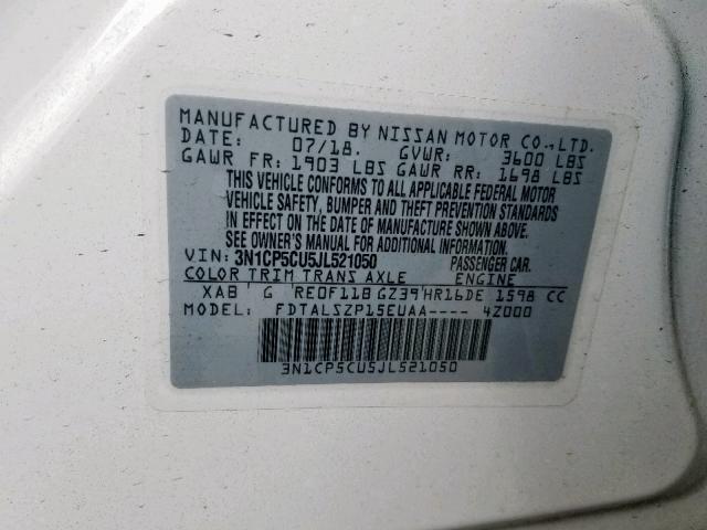 3N1CP5CU5JL521050 - 2018 NISSAN KICKS S WHITE photo 10