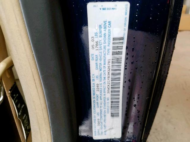 3VWCK21Y83M326781 - 2003 VOLKSWAGEN NEW BEETLE ლურჯი ფოტო 10