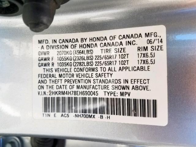 2HKRM4H78EH690045 - 2014 HONDA CR-V EXL SILVER photo 10