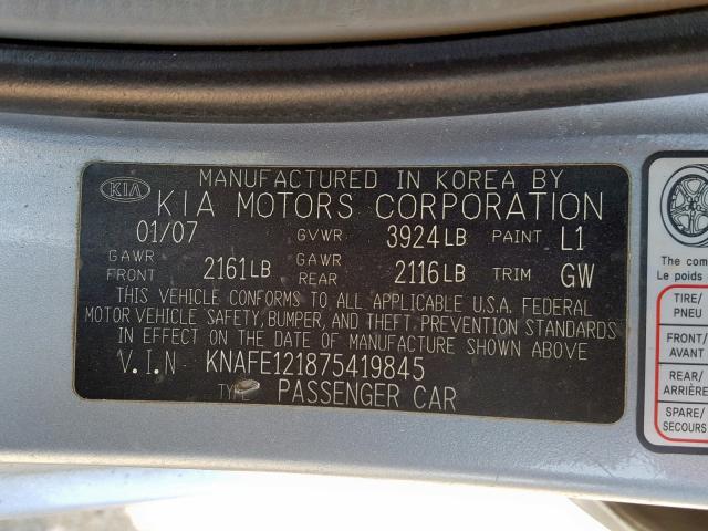 KNAFE121875419845 - 2007 KIA SPECTRA EX SILVER photo 10