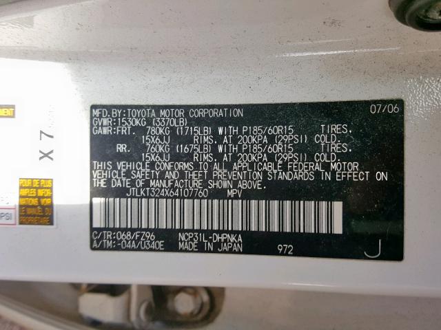 JTLKT324X64107760 - 2006 TOYOTA SCION XB Ақ фото 10