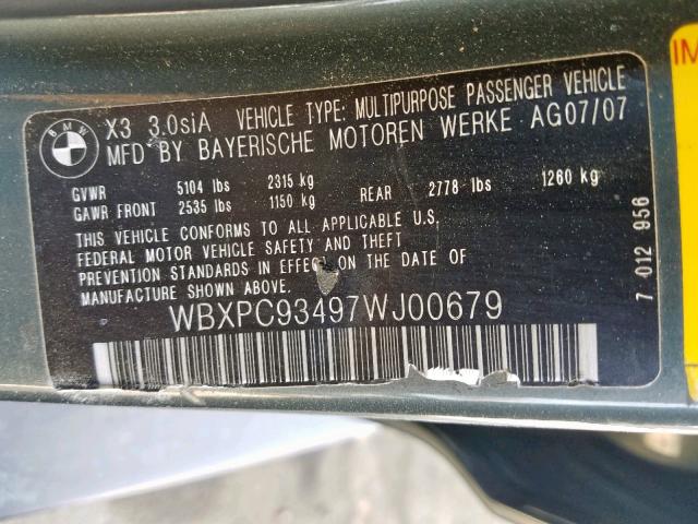 WBXPC93497WJ00679 - 2007 BMW X3 3.0SI GREEN photo 10