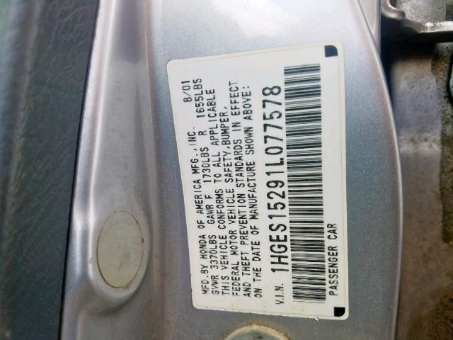 1HGES15291L077578 - 2001 HONDA CIVIC DX SILVER photo 10