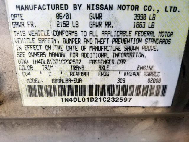 1N4DL01D21C232597 - 2001 NISSAN ALTIMA XE SILVER photo 10