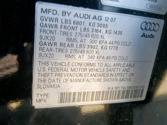 WA1BY74L58D040149 - 2008 AUDI Q7 3.6 QUA BLACK photo 10