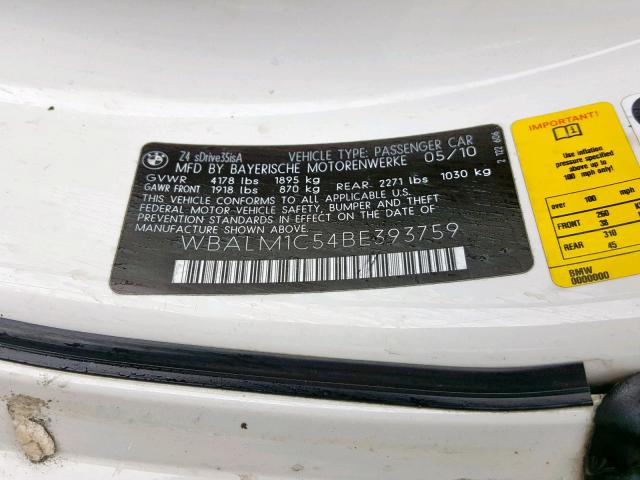 WBALM1C54BE393759 - 2011 BMW Z4 SDRIVE3 WHITE photo 10