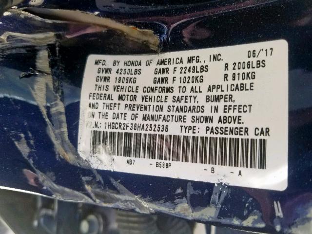 1HGCR2F36HA252536 - 2017 HONDA ACCORD LX BLUE photo 10