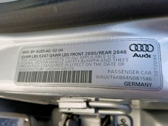 WAUVT64B64N081586 - 2004 AUDI A6 3.0 AVA SILVER photo 10