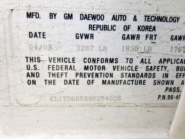 KL1TD666X8B264026 - 2008 CHEVROLET AVEO BASE Ақ фото 10