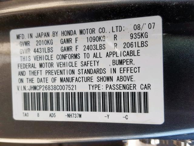 JHMCP26838C007521 - 2008 HONDA ACCORD EXL GRAY photo 10