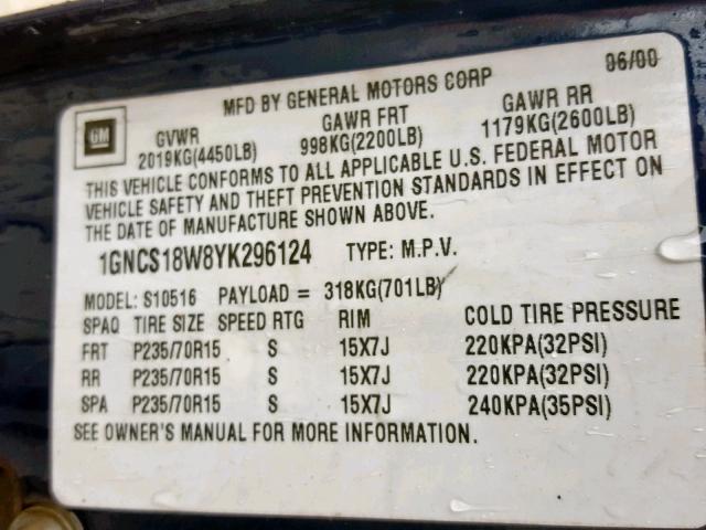 1GNCS18W8YK296124 - 2000 CHEVROLET BLAZER BLUE photo 10