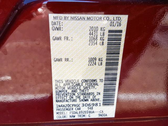 1N4AZ0CPXGC306981 - 2016 NISSAN LEAF S BURGUNDY photo 10