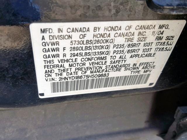 2HNYD18675H509683 - 2005 ACURA MDX TOURIN BLACK photo 10