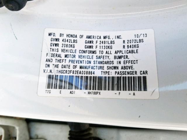 1HGCR3F82EA008864 - 2014 HONDA ACCORD EXL WHITE photo 10